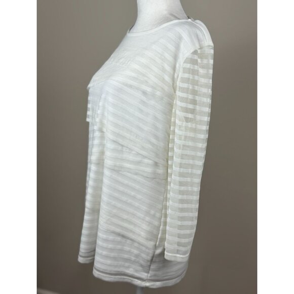 Dana Buchman L White Layered Mesh Stripe Top Sheer Blouse Long Sleeve Stretch - Picture 2 of 10
